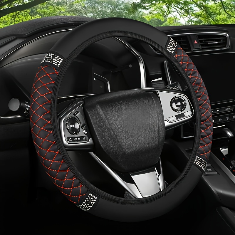 TEMU Fundas para volante de material bordado en PU con incrustaciones de diamantes, adecuadas para la mayoría de modelos, uso todo el año, sin anillo