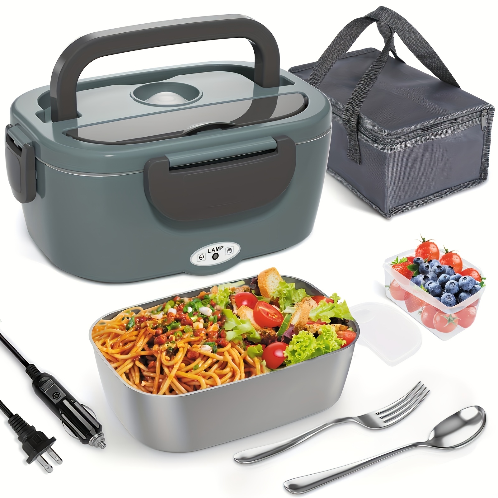 TEMU Electric Lunch Box Food Heater, 80w Portable Heated Lunch Boxes For Adults, Food Warmer For Car Home Self Heating Lunch Box, Leak Proof, Removable Ss Container, Fork, Spoon