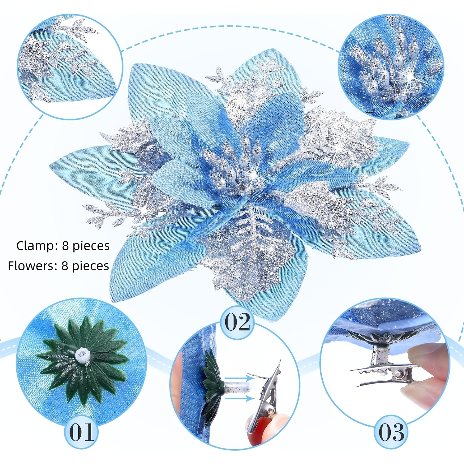 TEMU 16 stuks Kerst Glitter Kunstbloemen, Kerst en Halloween Kunstmatige Rozen, Bruiloft Decoratie Bloemen, Kerstboom Ornamenten met Clips, Geschikt