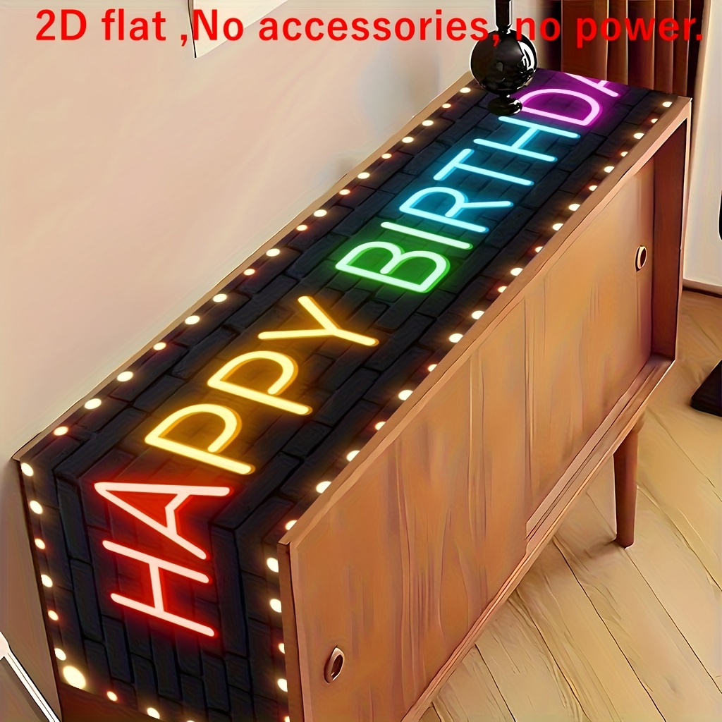 TEMU 2d Flat Tablecloth 1pc, Happy Birthday Neon Light, Rectangular Table Decor, Family Gathering Kitchen Dining Room Tablecloth, European Style