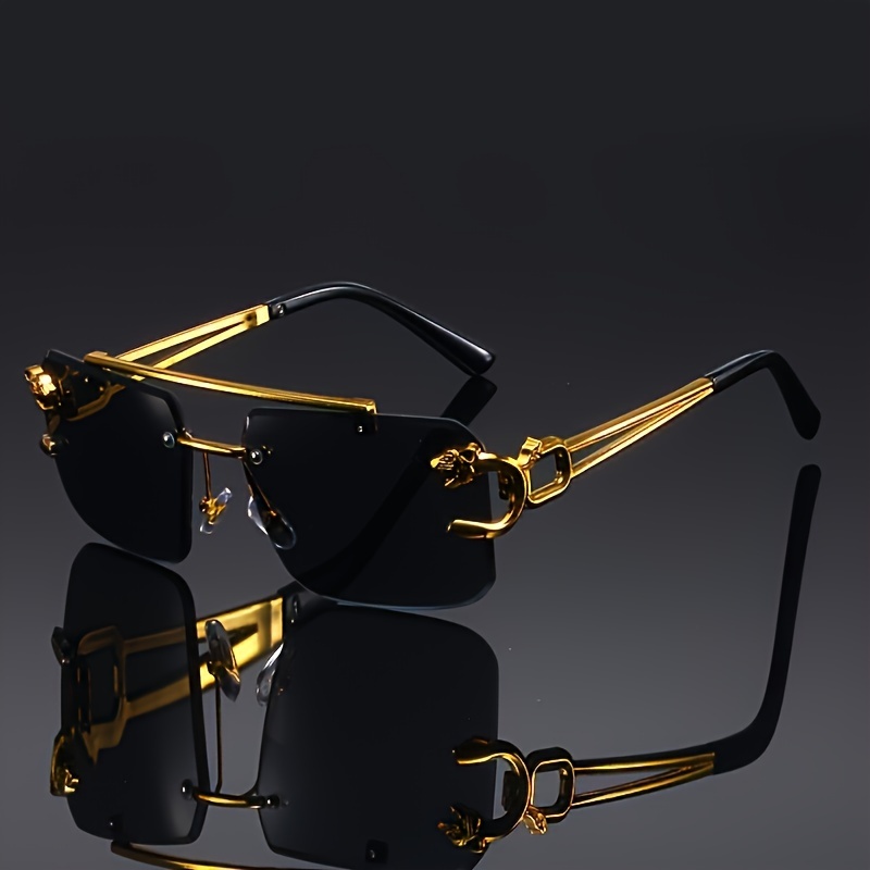 

2 Pcs Luxury Golden Frameless Glasses, Retro Cool Tiger Design, Unisex Style, Black Lens For Men & Women, Outdoor Travel, Anti-glare Eyewear