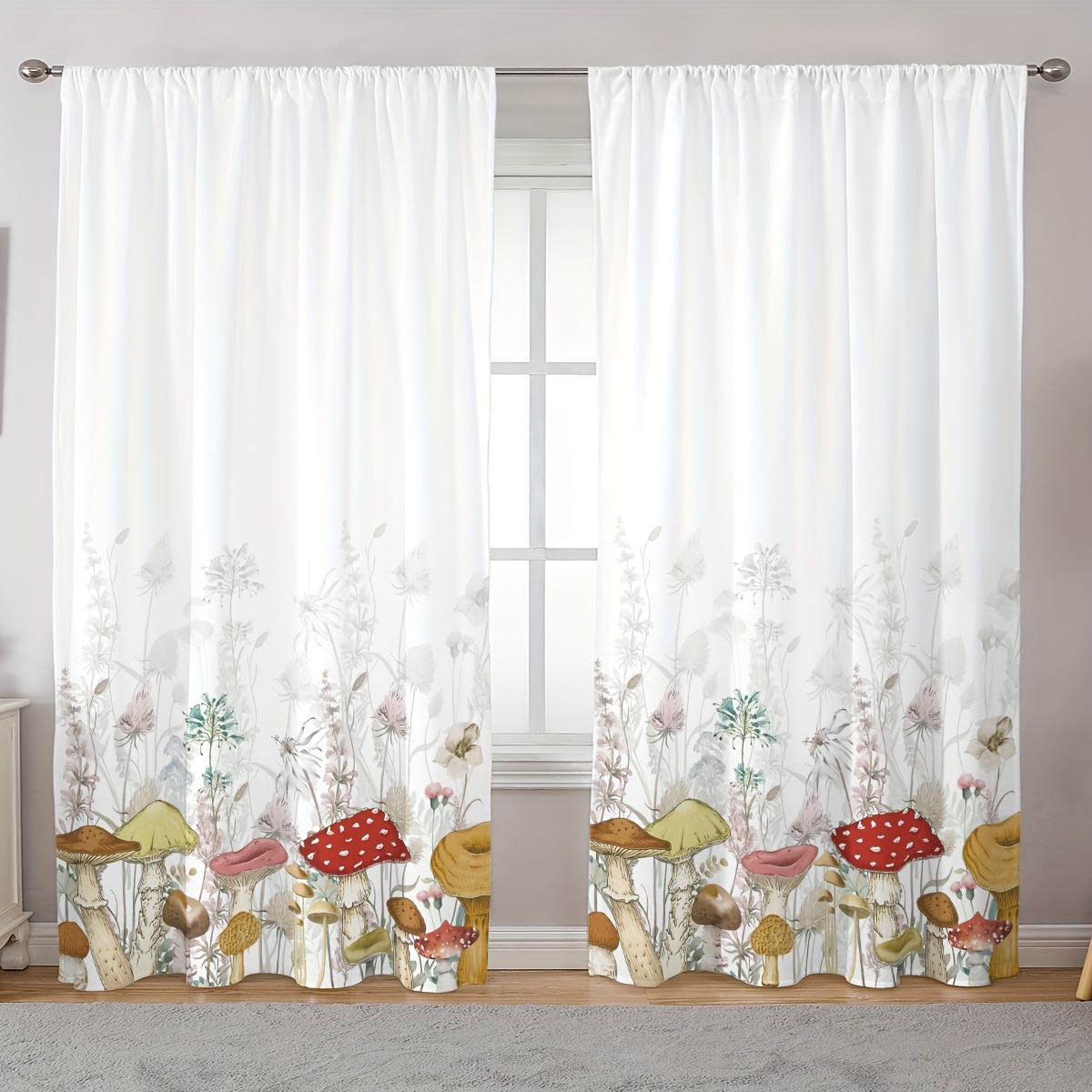 

Classic Mushroom And Botanical Print 2-piece Curtain Set - Semi-sheer Polyester Window Panels With Rod Pocket, Arts Themed Decorative Drapery For Bedroom & Various Rooms, Hand Wash, Woven, Design
