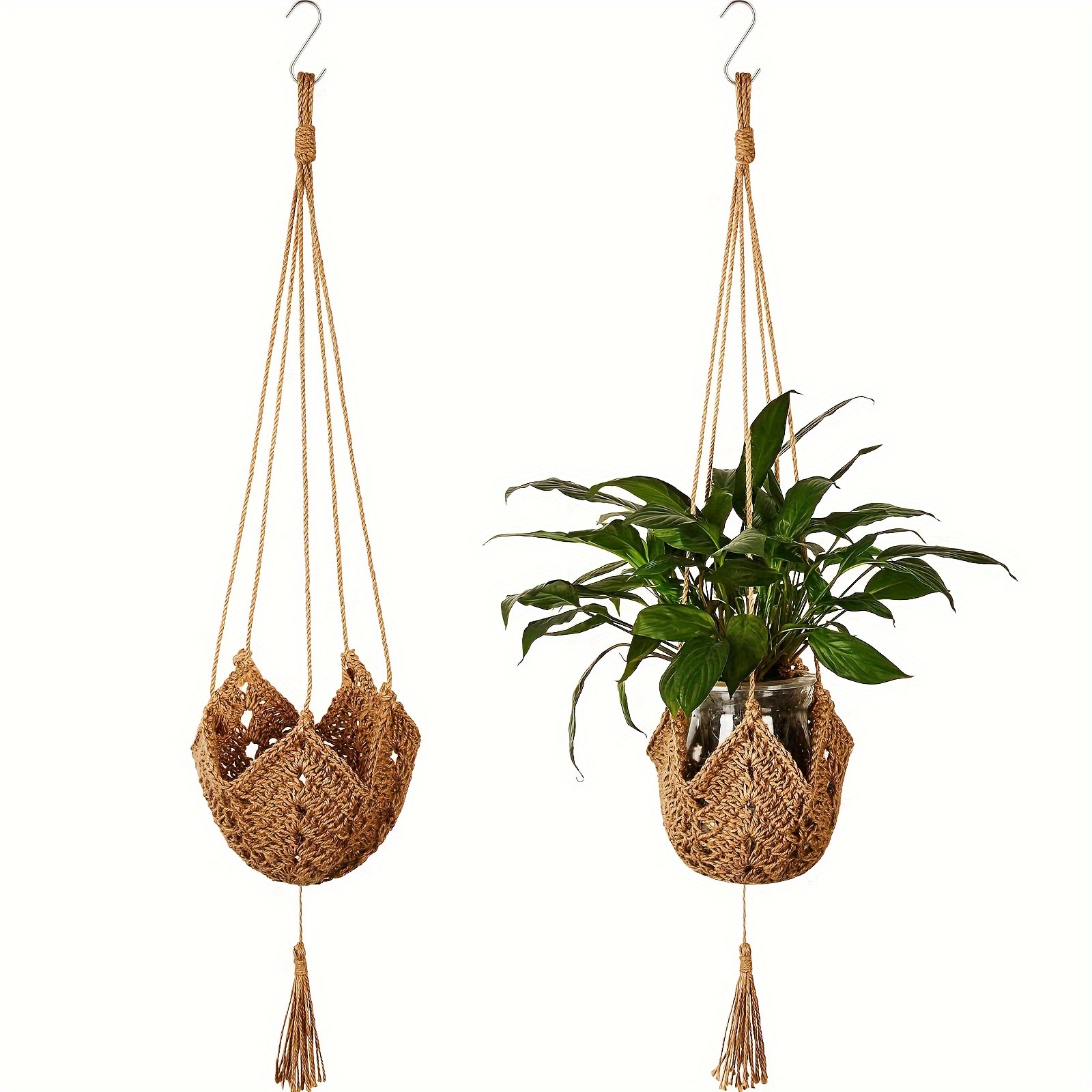 

Boho Chic Macrame Plant Hangers With Hooks - 2pcs, Durable Jute Crochet Wall Planters For Indoor & Outdoor Decor