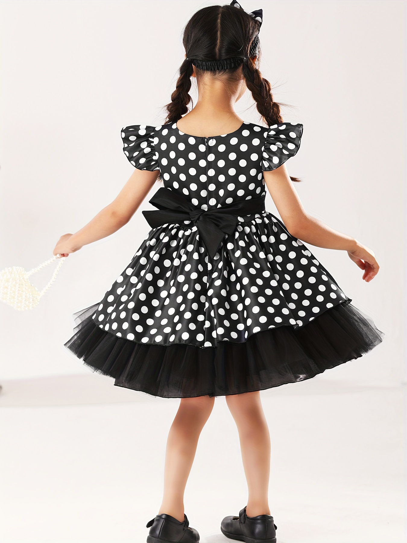 girls black white polka dot party dress tulle skirt headband Temu