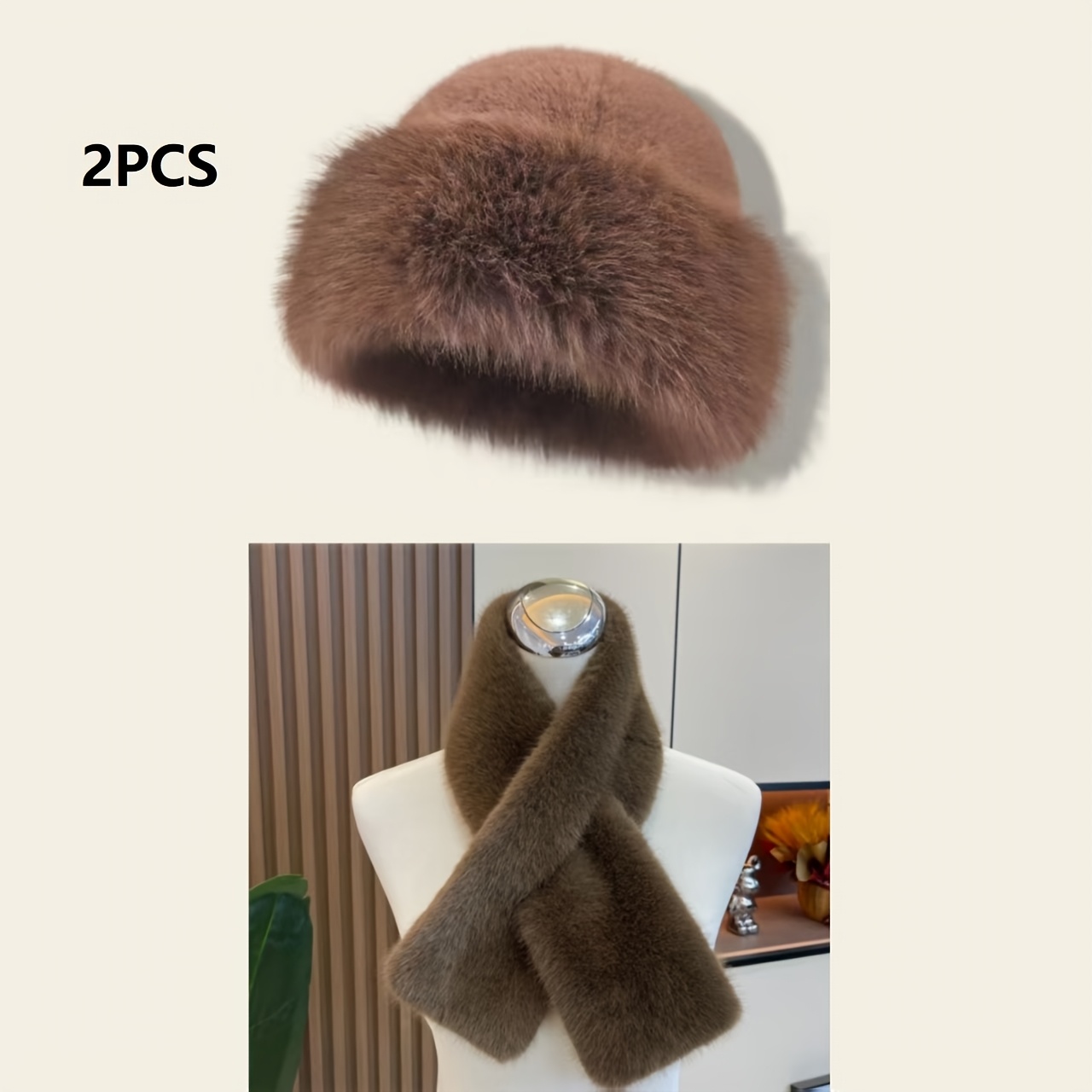TEMU Ensemble 1 Écharpe d'hiver Chapeau mongol Chapeau en peluche Épais et chaud Mode Bonnet réchauffant les oreilles chinchilla Coupe-vent