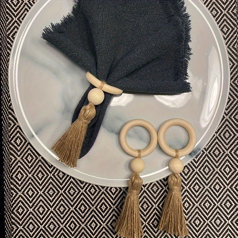 Boho Farmhouse Wooden Bead Napkin Rings Set - Adjustable Tassel Holders For Cloth/Paper Napkins, Wedding & Party Table Decor