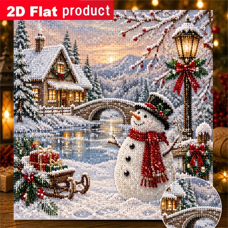 TEMU New Colored Pearl Diamond Painting Kit, And Snowman With Gift Sleigh In Winter , Suitable For Beginners, For Home Or Office Wall Decoration,