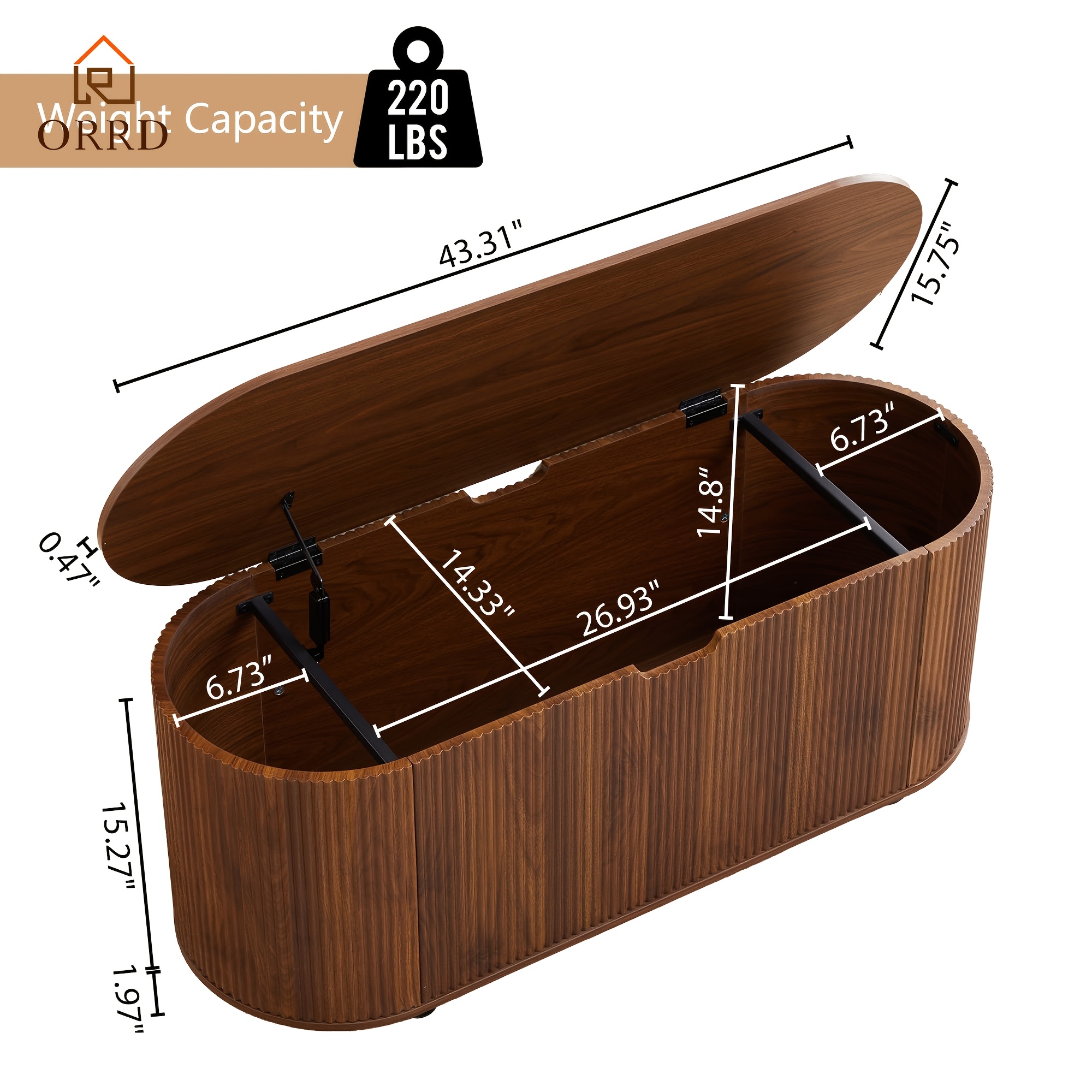 ORRD Fluted Storage Bench | Mobile Oval Trunk with Safety Hinges