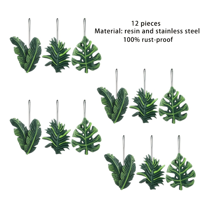 TEMU Lot de 12 crochets pour rideau de douche de feuille de Monstera, en acier inoxydable antirouille et résine à , anneaux décoratifs pour rideau de