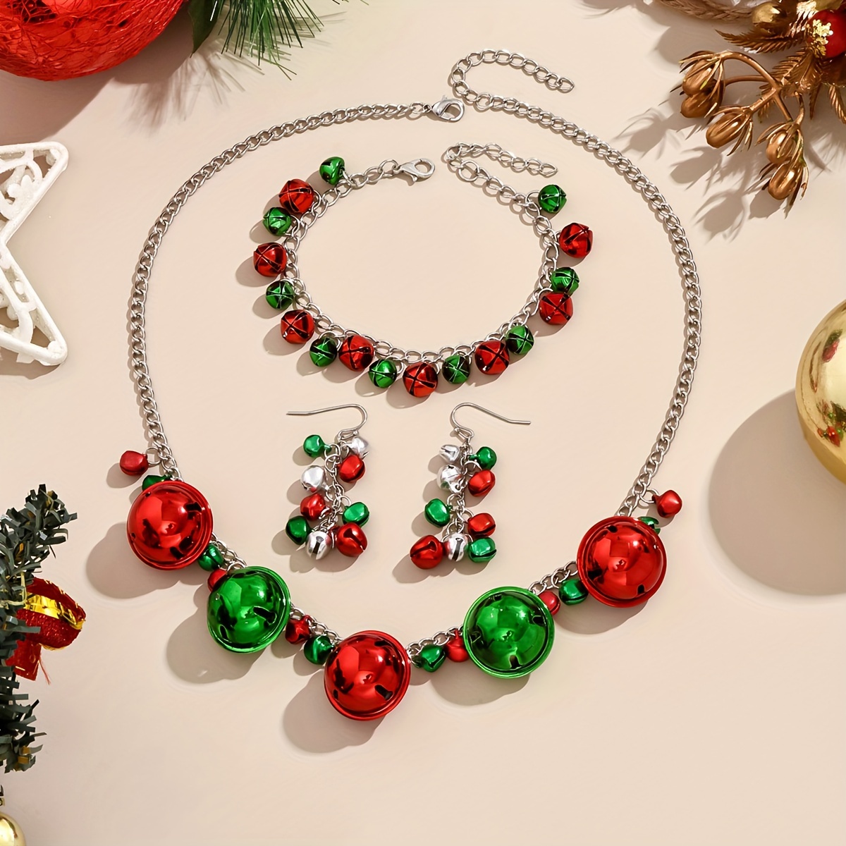 

Elegant 4pcs Christmas Jewelry Set With Bells - Necklace, Bracelet & Earrings - Gift For Her