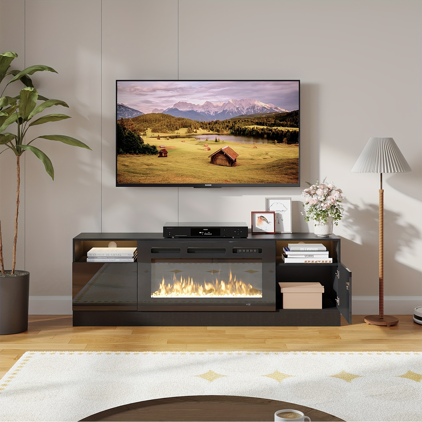 

Fireplace Tv Stand Center 36" Fireplace, Wooden Tv Stand For Tvs Up To 80", Tv And 12 Led Lights