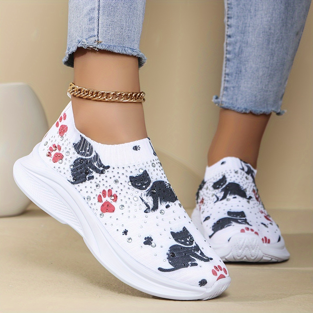 

Women's Cute Cat Pattern Sneakers, Casual Slip On Outdoor Shoes, Comfortable Low Top Shoes