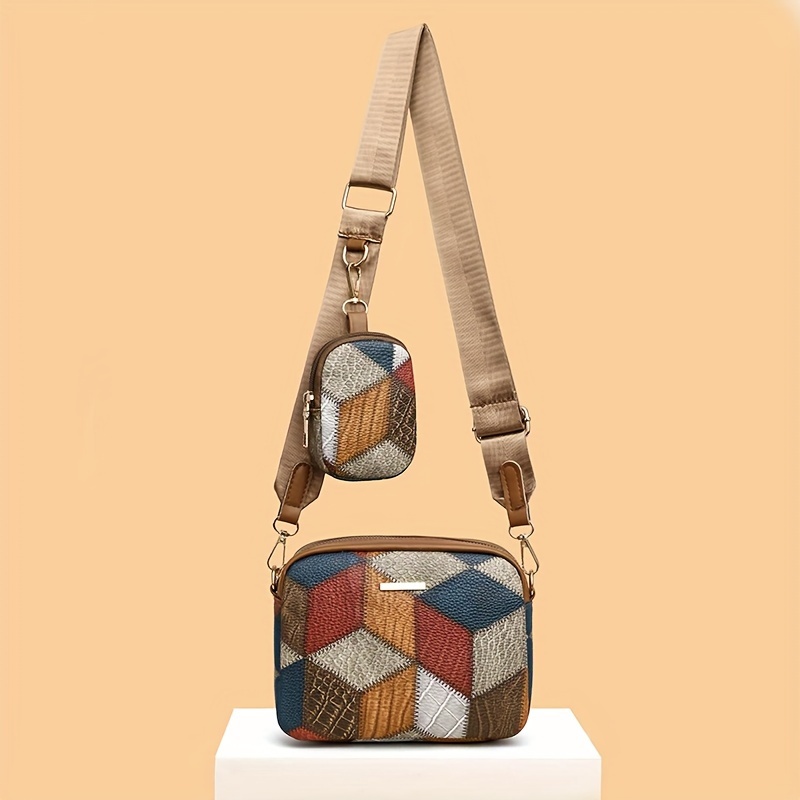 

Rhombus Pattern Crossbody Bag, Colorblock Mini Square Bag, Women Retro Shoulder Bag With Coin Purse