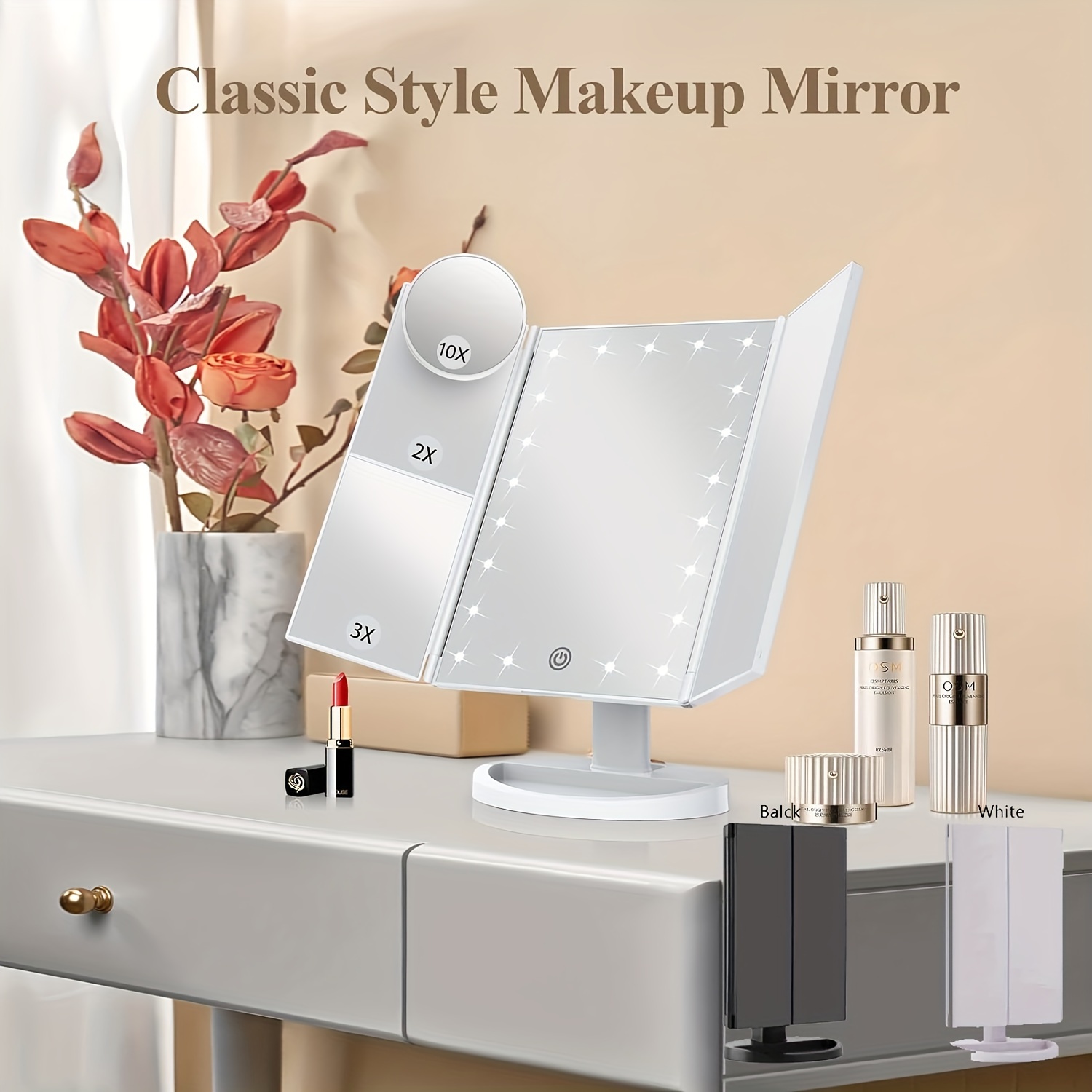 

1pc Tri-fold Led Makeup Mirror With Touch Control, 3 Panel Vanity Mirror With 2x, 3x, 10x Magnification, Adjustable Brightness, Dual Power Supply, Portable Design, Ideal Women's Gift