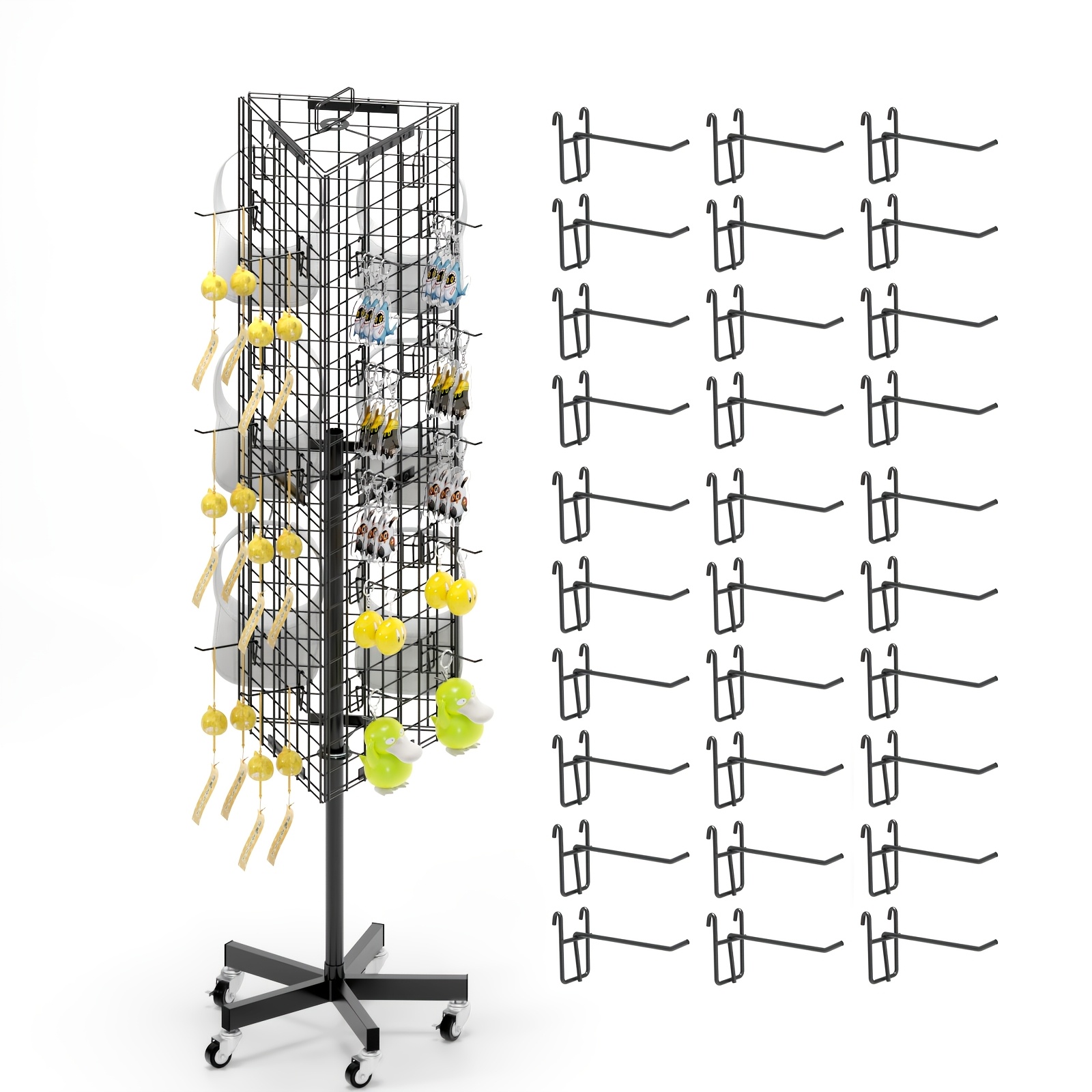 Image of 3-sided Rotating Grid Display Rack With 30 Hooks & Rolling Casters, 360° Freestanding Retail Stand For Hats Socks Snacks Phone Case Accessories, Lhysn