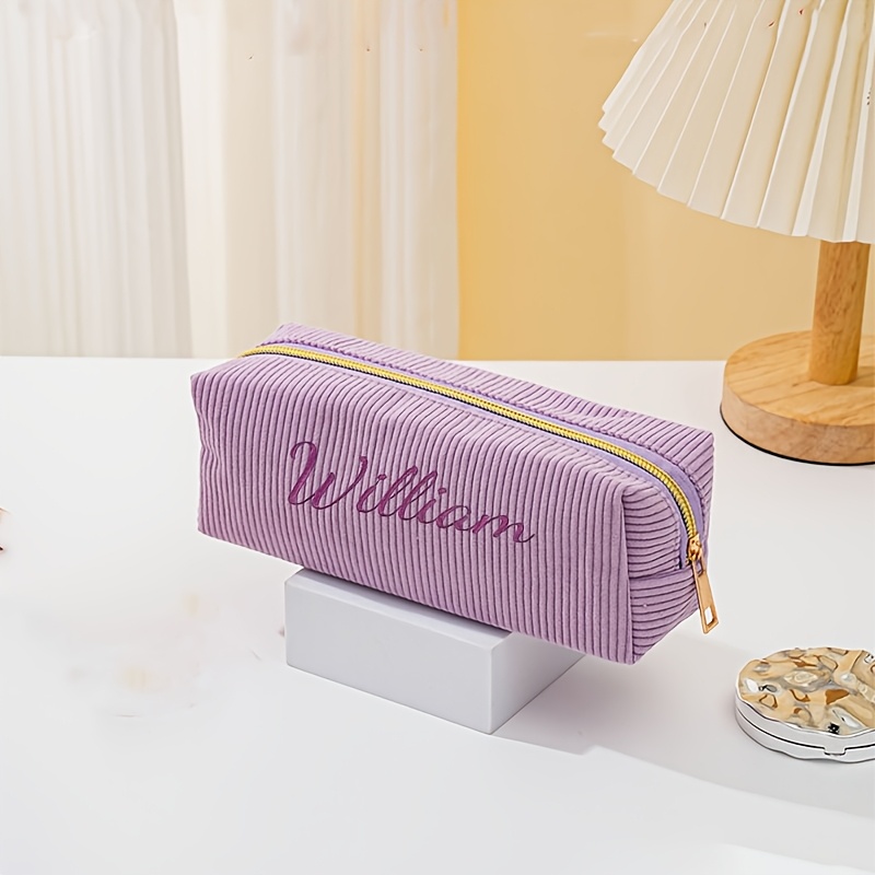 TEMU Personalized Custom Embroidered Name Pencil Case Suitable For School, Corduroy Embroidery Storage Bag With Your Own Name/initials, Desk For