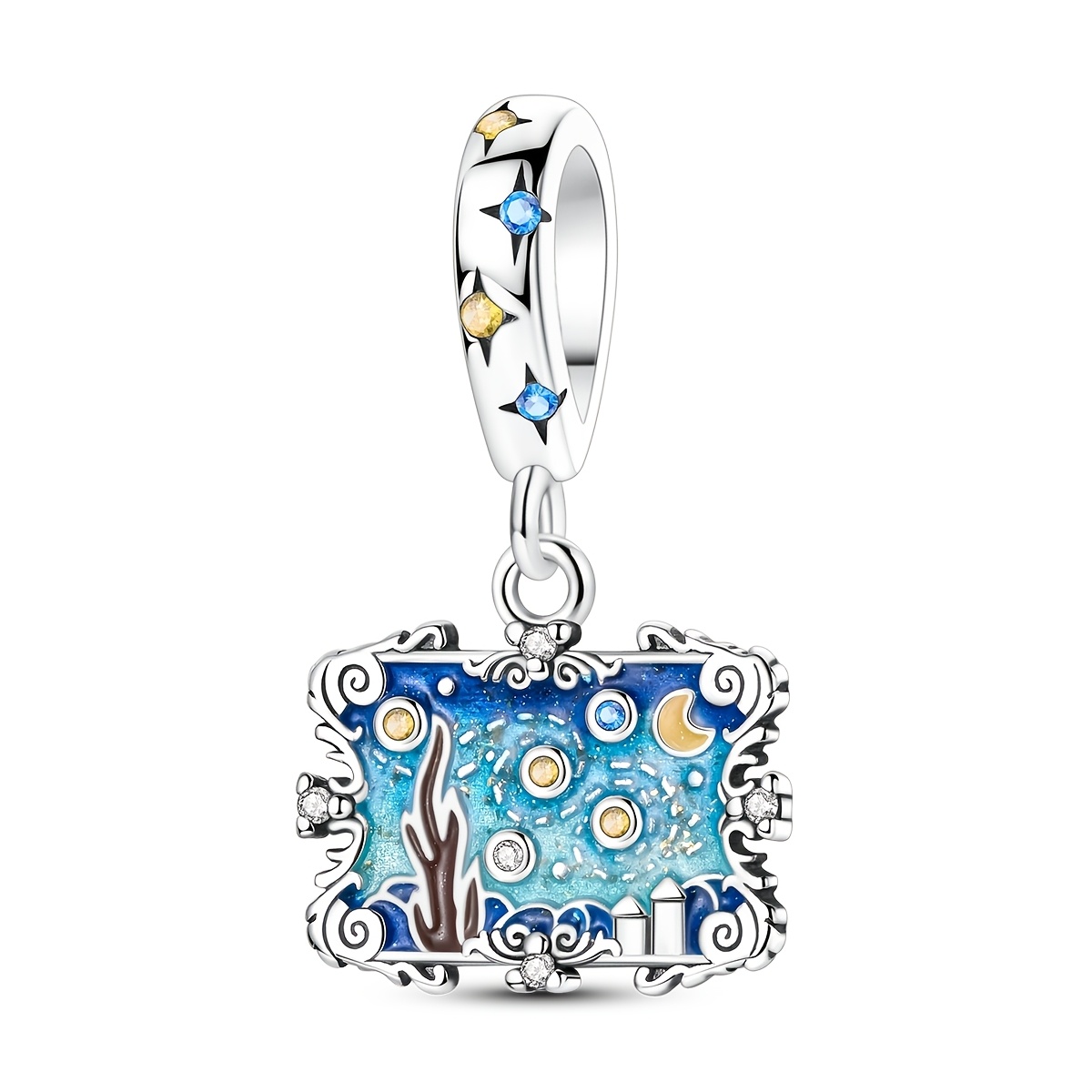 TEMU 1pc Silver Color Charms Beads For Women Van Goghs Starry Sky Painting Is A Pendant Jewelry Gifts Box Packaging Fits Original Bracelet & Necklace