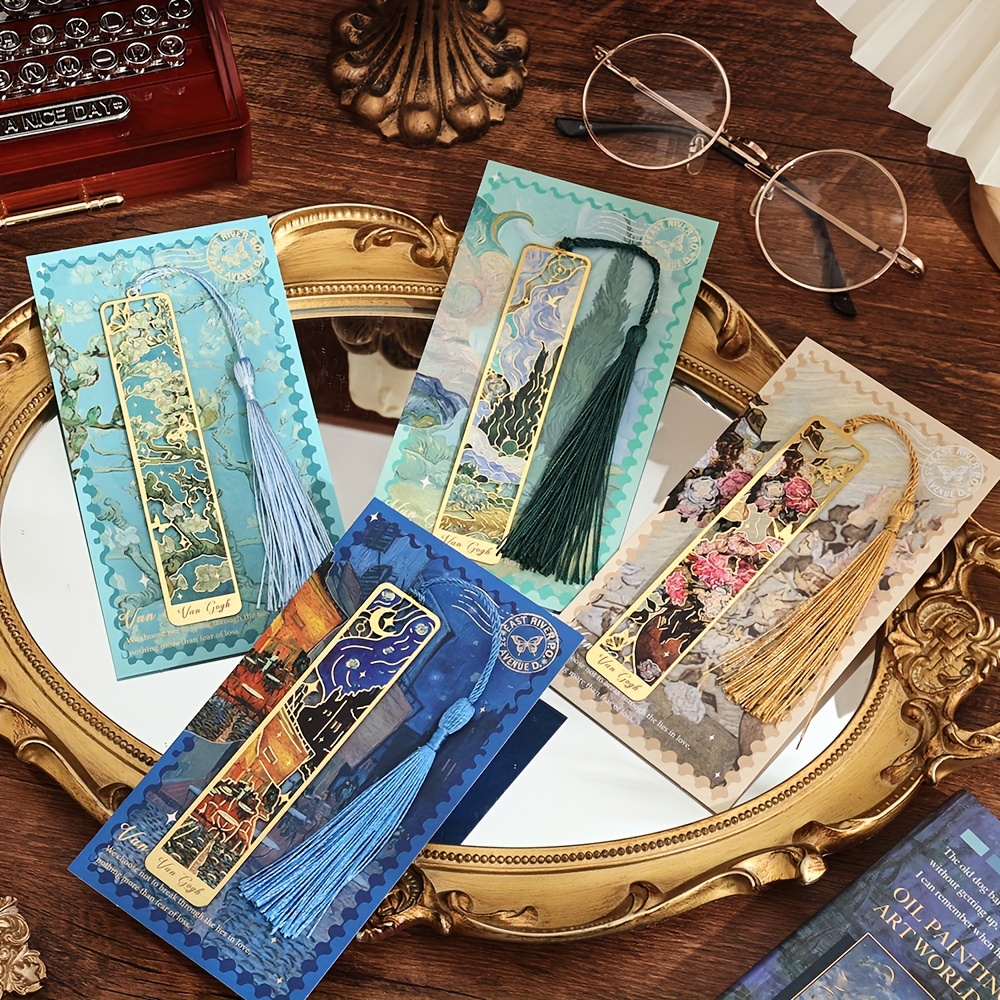 

4 Bookmarks With Tassels - Elegant Hollow Paintings, Other Metal Materials, Ideal Gifts For Book Enthusiasts, Students, & Teachers