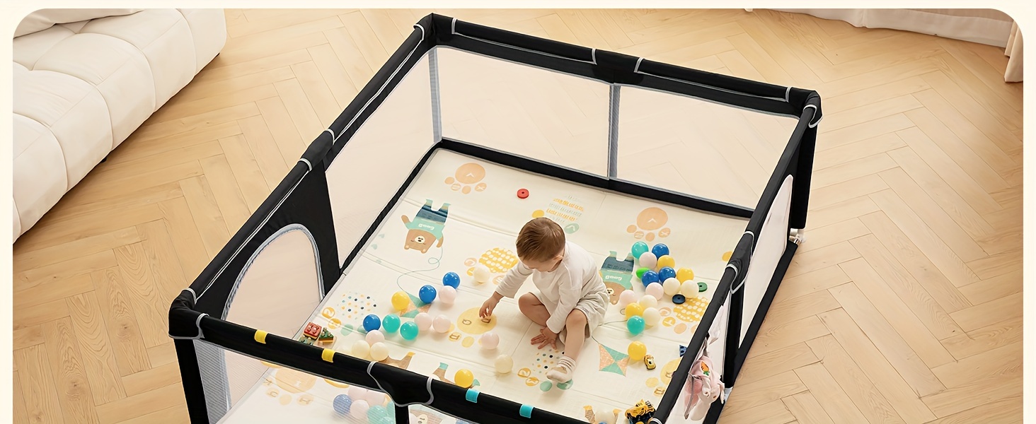 playpen with mat 71 x 59 extra large play yard with mat safety fence indoor     with non slip suction and zipper gate details 0