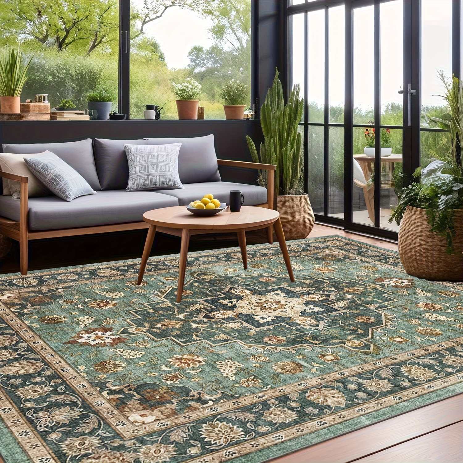 TEMU 1pc Of Luxurious Green Velvet Area Rug Featuring A Bohemian Pattern, Equipped With A Non-slip Backing And Machine Washable, Made From 100%