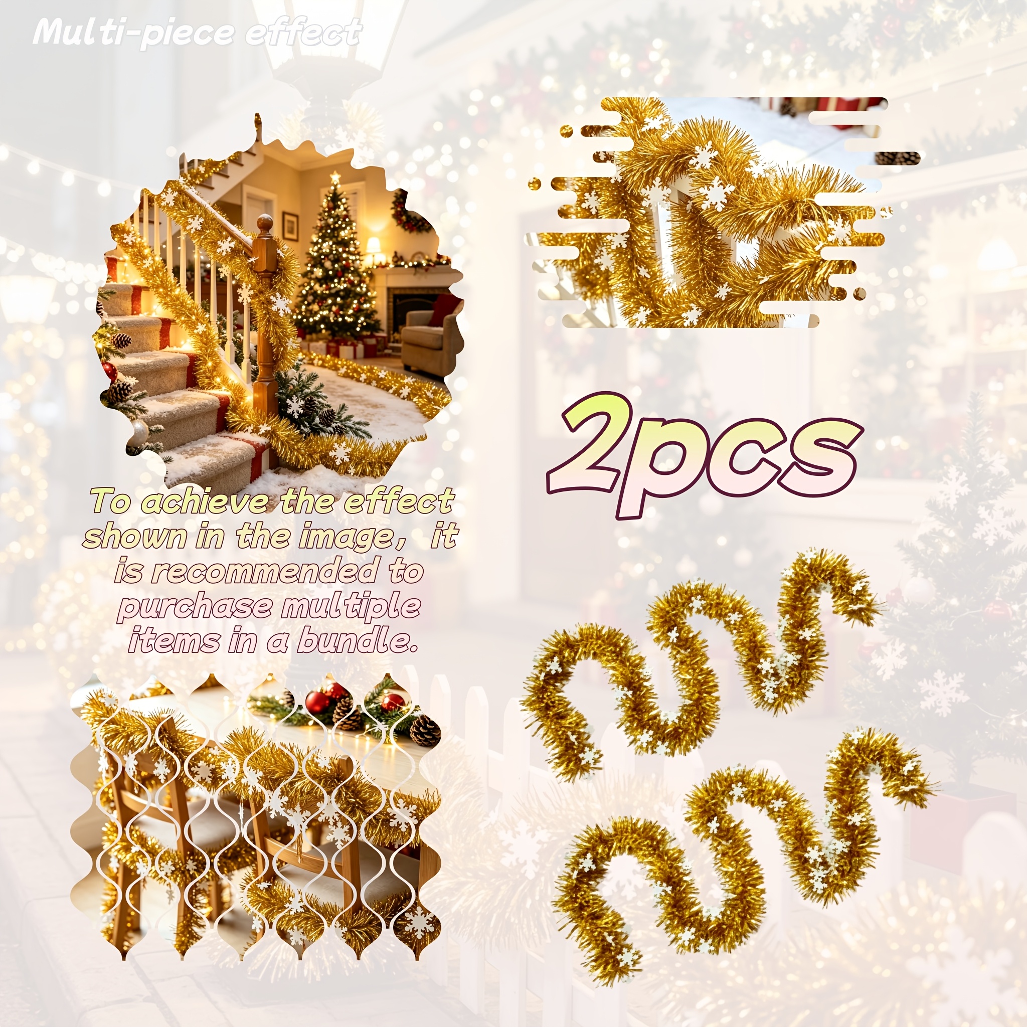 TEMU 2pcs = 240.2 Inches Christmas Snowflake Metallic Foil Wreaths, Indoor Tinsel Wreaths For Window Decor, Home Holiday Decorations Metallic Foil