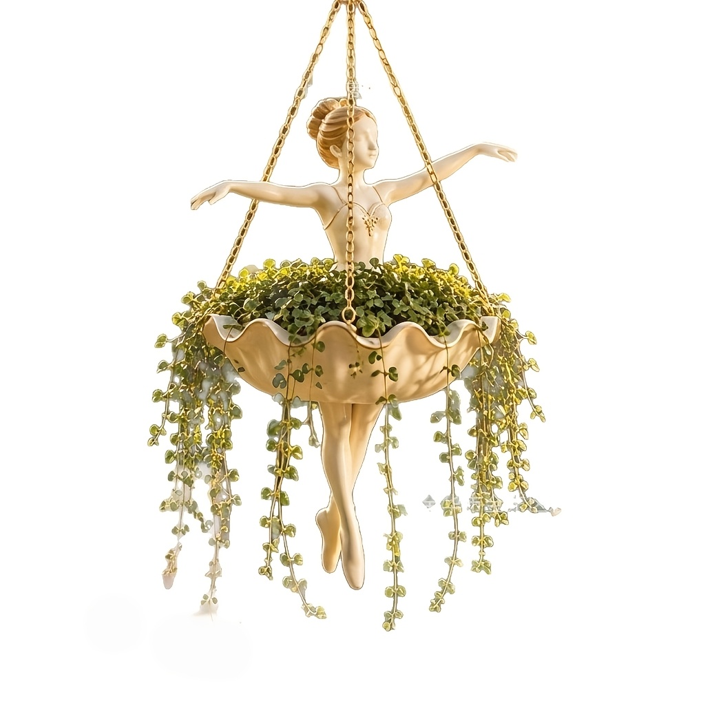 TEMU Ballerina Hanging Planter, Resin Ballet Girl Hanging Flower Pot With Golden Metal Chains, Elegant Sculpture Hanging Basket For Trailing Plants