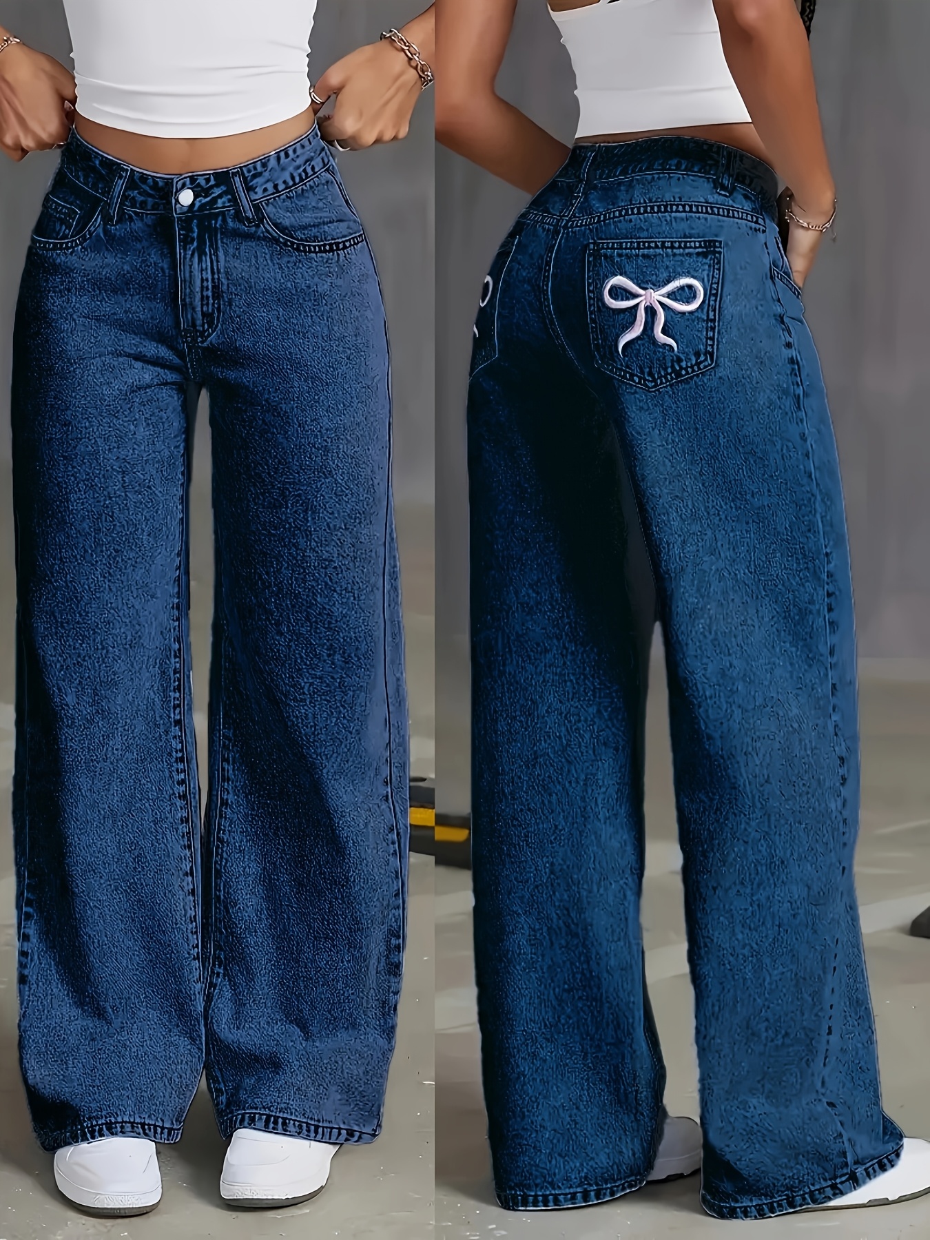 Women's High-Waisted Wide Leg Jeans with Embroidered Bow Detail, Light Blue Denim, Casual Loose Fit, Machine Washable, Comfortable Casual Attire