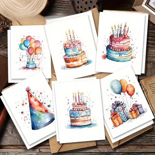 A 12pcs Mixed Color Birthday Themed Cake Pattern Greeting Card Set with Envelopes - Perfect for Sending as Birthday Greetings to Friends, Family, Teachers, and Colleagues - Suitable for Christmas, Valentine's Day, Halloween, and All Holidays, for