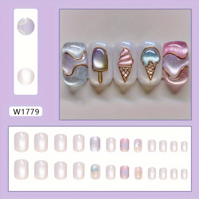 TEMU 24pcs Short Square Press-on Nails Suitable For - Transparent Ice Cream Cat-eye With Detachable, Application, Look For Daily Wear Or (24pcs)