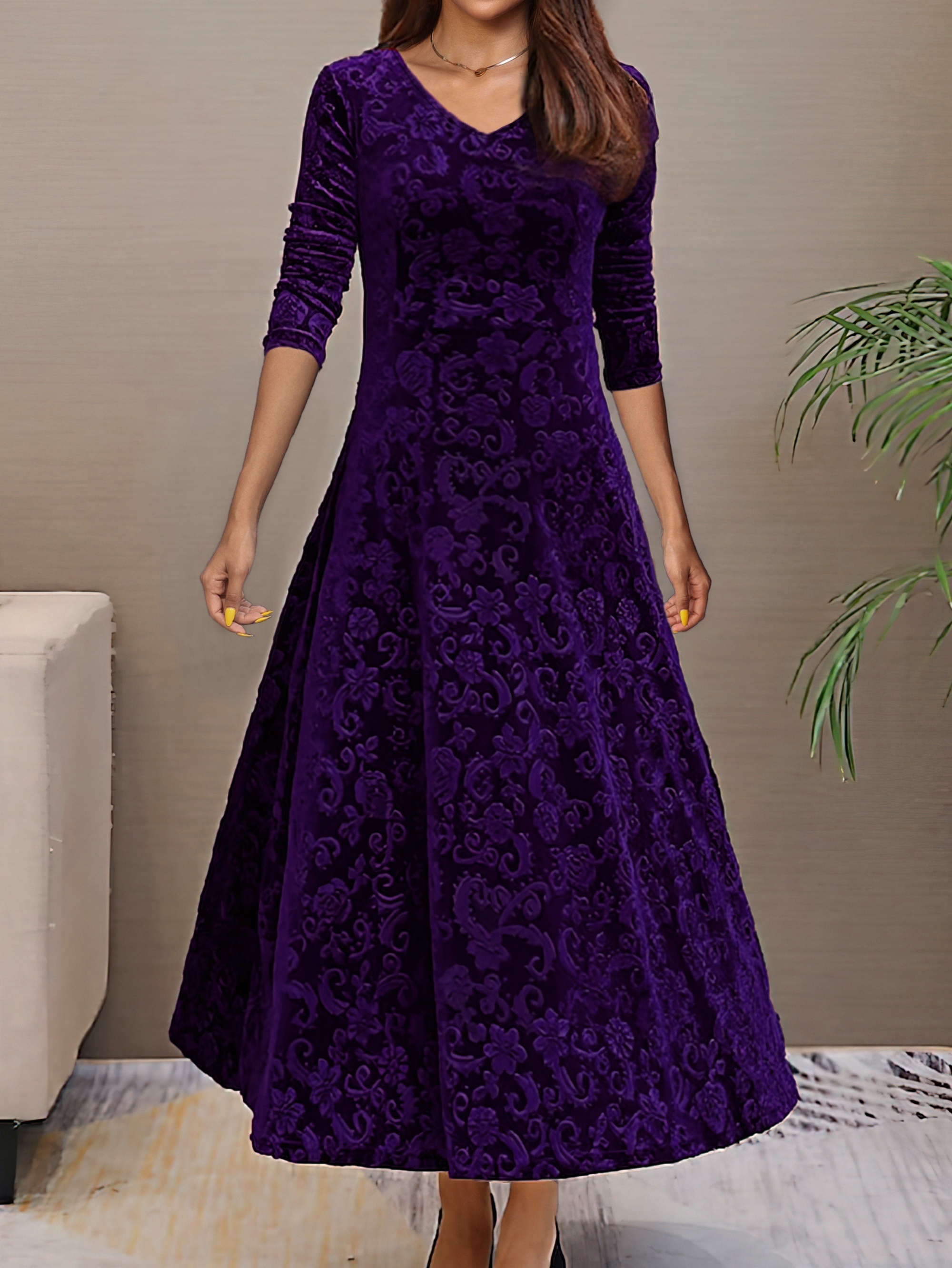 plus size floral pattern velvet dress elegant v neck long - Temu