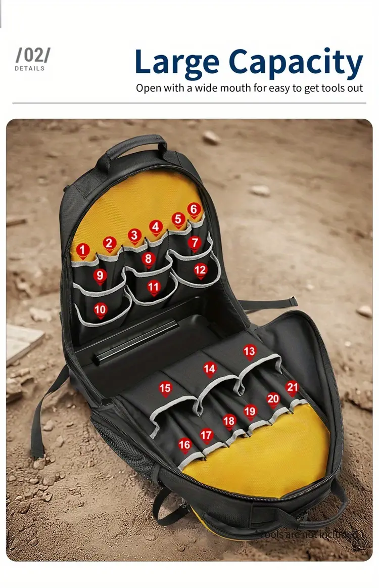 tool sets backpack heavy duty bag organizer with 21 pockets molded bottom details 2