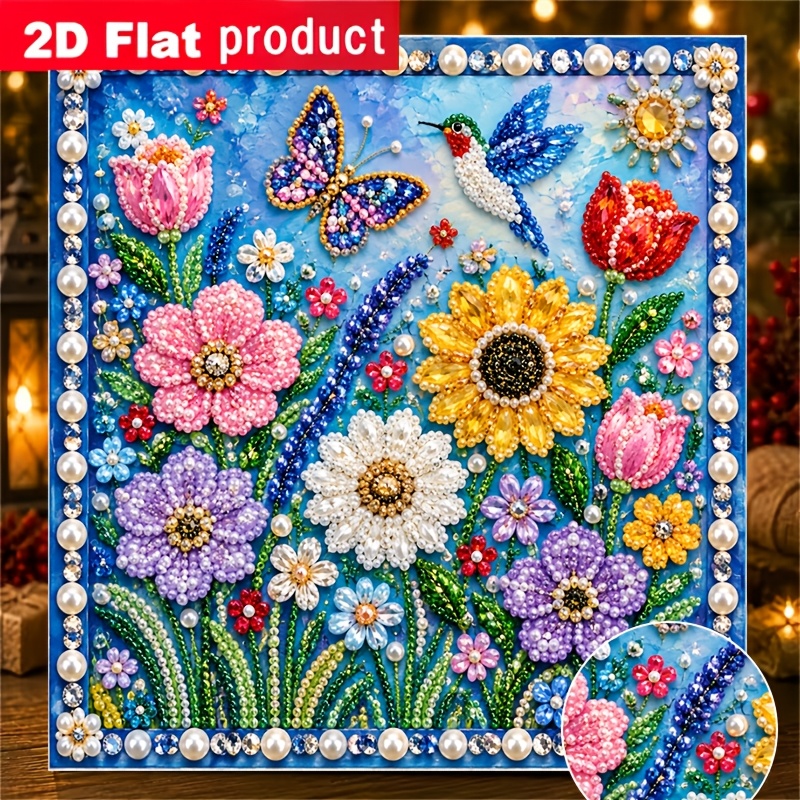TEMU New Colored Pearl Diamond Painting Kit, Vibrant Butterflies And Hummingbirds In A Flowery Garden, Suitable For Beginners, Home Or Office Wall