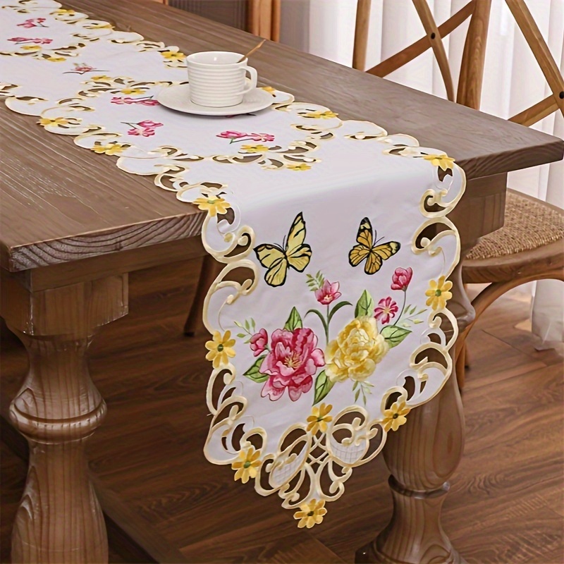 E-shop 1 Stück Handbestickter Tischläufer – Elegante handgeschnittene Stiele & Knospen, Polyesterstoff geeignet für Esstisch, Hochzeit,