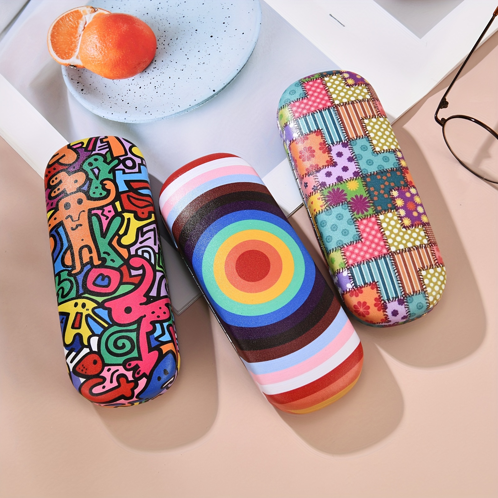 

1pc Fashionable Printed Eyeglass , Pu Double-sided Box, Unisex Portable , -