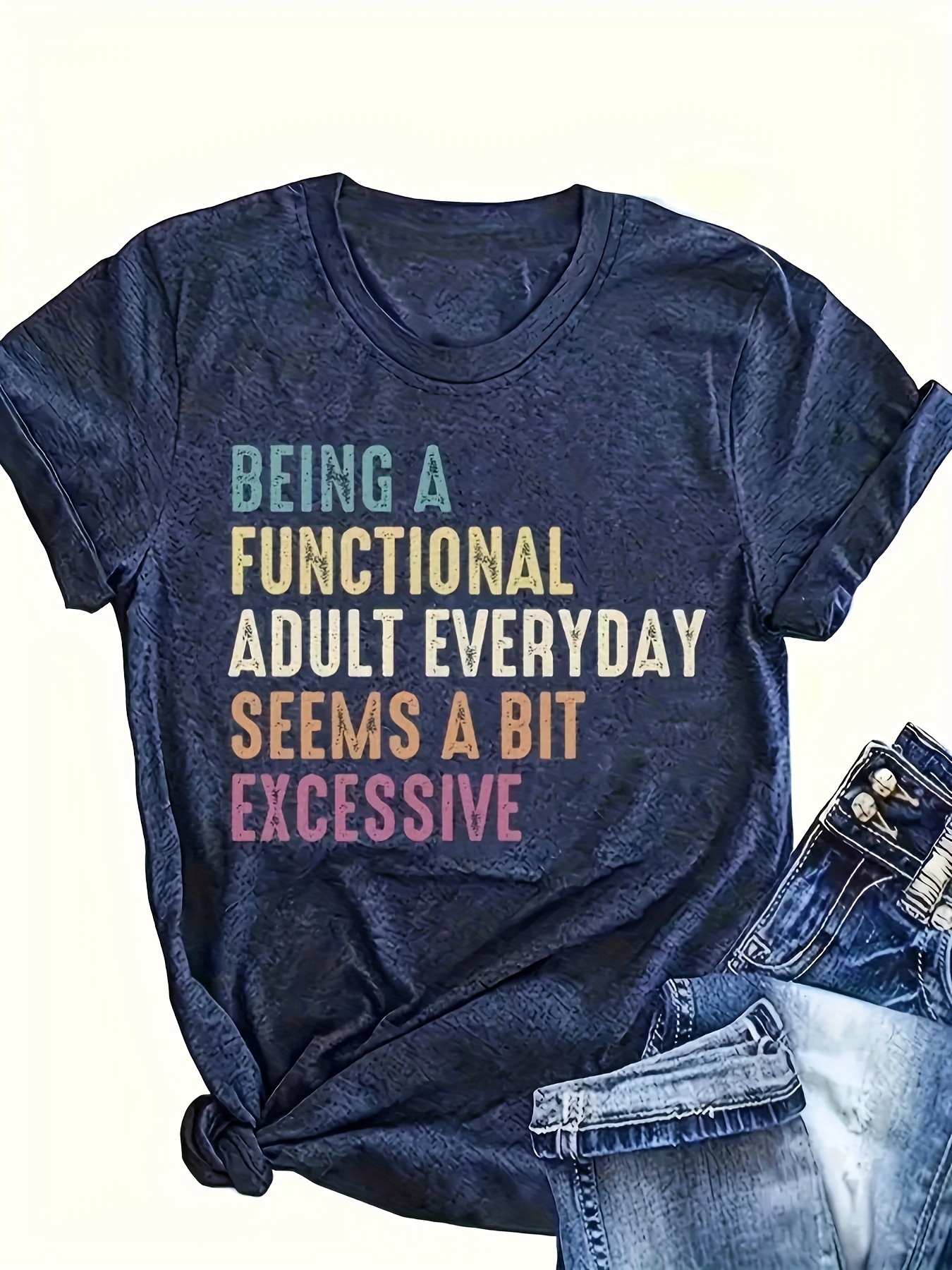 Plus Size Functional LetterPrint T-Shirt, Casual Crew Neck Short Sleeve T-Shirt For Spring & Summer, Women's Plus Size Clothing