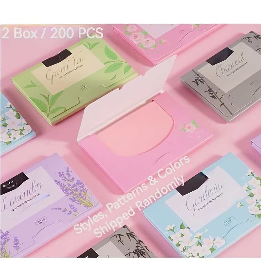 TEMU 200-count Facial Oil-absorbing Sheets, Random Styles, Patterns, And Colors, Skin-friendly And , Facial Makeup Tool, Portable Dispenser, 2 Boxes