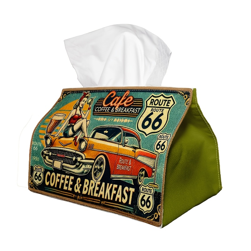 TEMU 1pc Retro Tissue Box, Car Coffee Illustration, Stylish Fabric Holder With Tidy Stitching, Long-lasting And Easy To Clean, Great For Bedroom,
