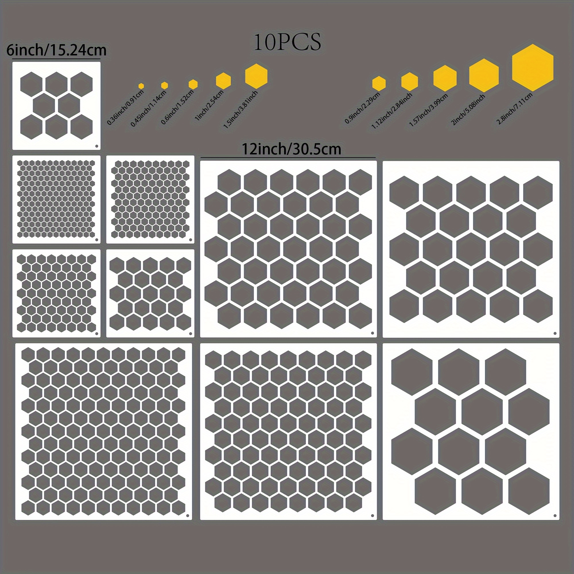 10pcs Alinacutle Honeycomb Hexagon Stencils, 12"x12" - Plastic, Reusable For Diy Crafts, Scrapbooking, Card Making, Tile & Furniture Decoration, Wall & - Painting Patterns