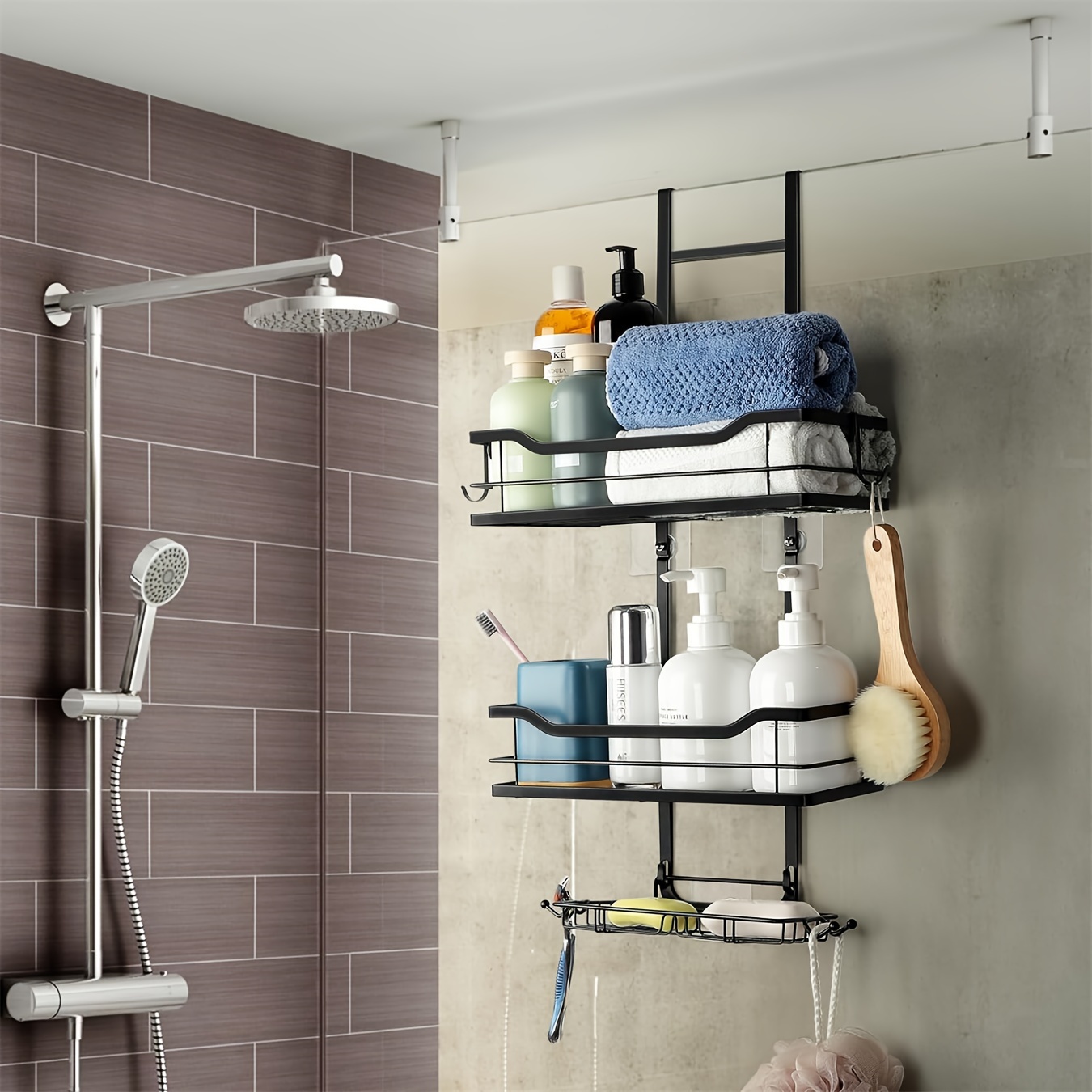 

Shower Shelf For Hanging With Soap Dish, Shower Shelf, No Drilling, Bathroom Shelf With 2 Baskets, Bathroom Shelf, Shower Basket For Hanging Over The Shower Door For Bathroom, Black