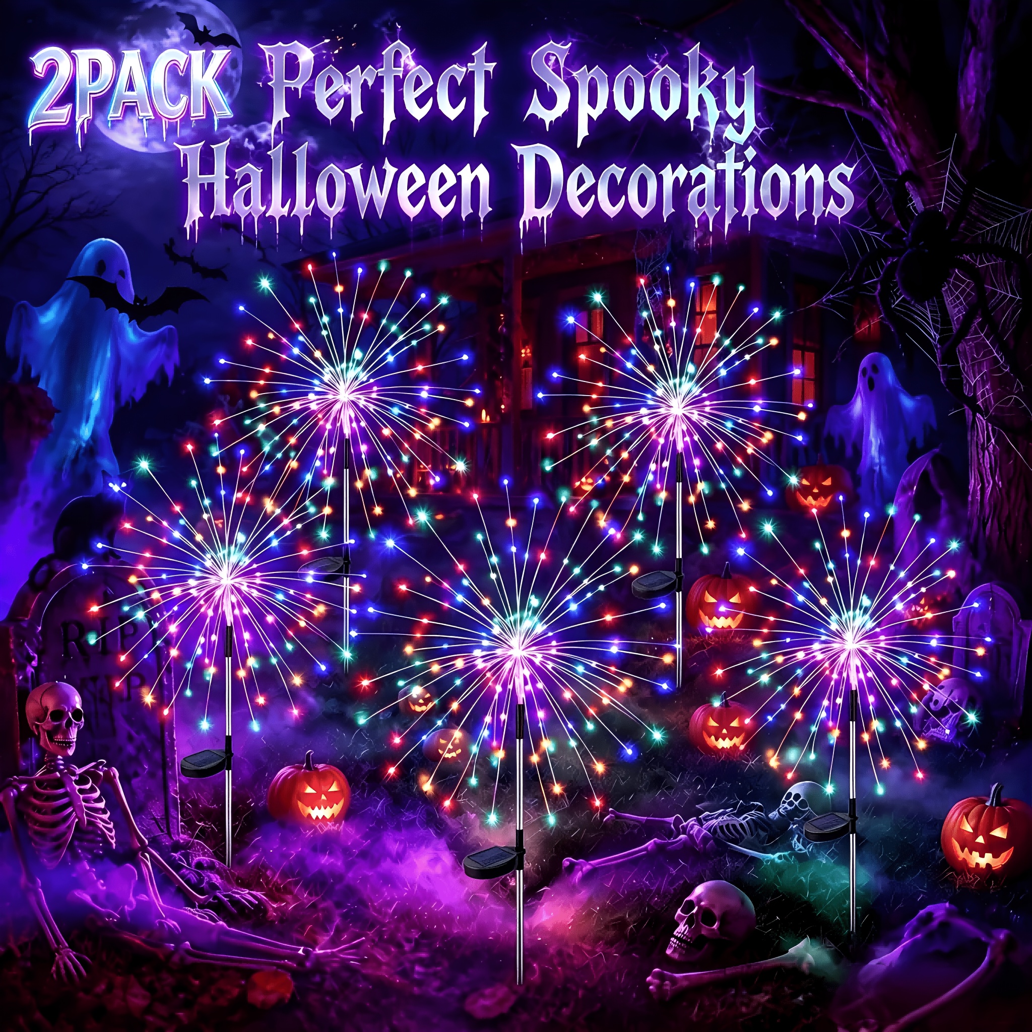 TEMU 2 Pack Solar Firework Lights Outdoor, Halloween Decor, 120 Leds, Fairy Design, Ip44, Garden Decor, Solar Powered For Yard, Pathway, Flowerbed,