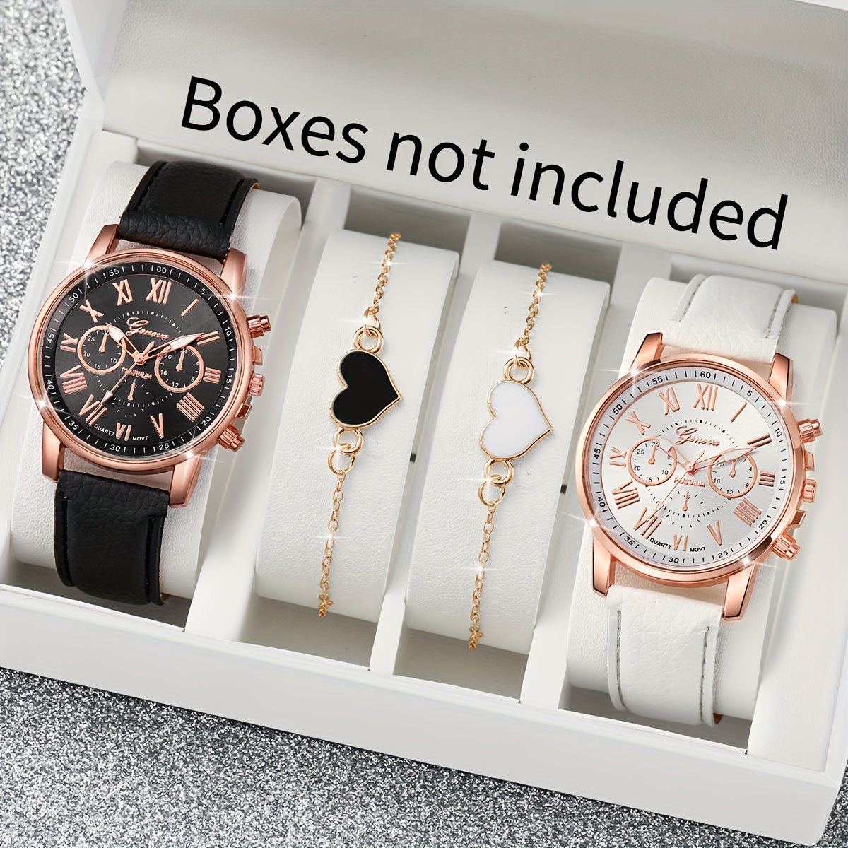 

4pcs/set Casual Couples Quartz Watch Rome Fashion Analog Pu Leather Wrist Watch & Bracelets, Valentines Gift For Him Her