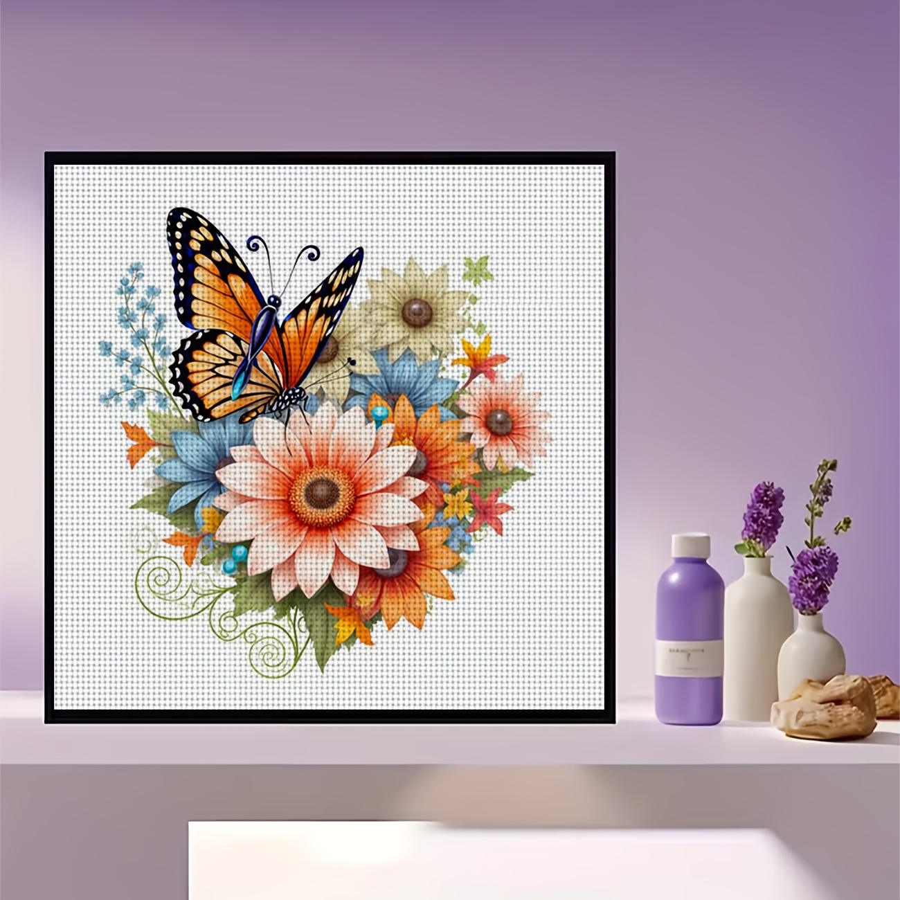 Cross Stitch Kit, Butterfly on Flowers Pattern