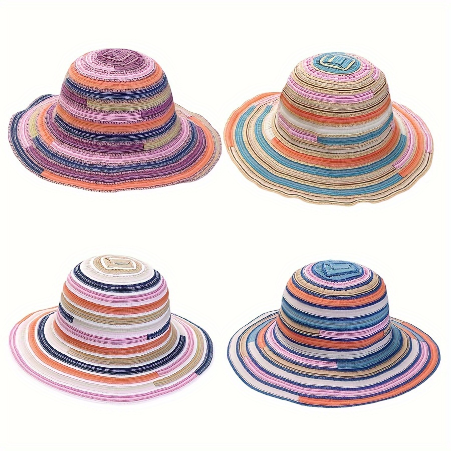 

Rainbow Striped Sun Hat Summer Stylish Foldable Sunscreen Beach Hats Seaside Vacation For Women
