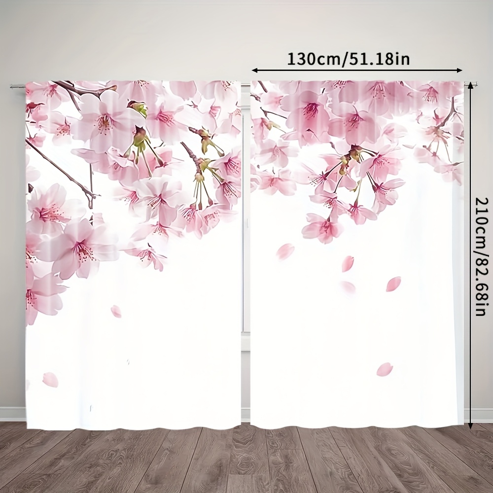 TEMU 2pcs Pink Cherry Sheer Curtains - Nature-inspired Polyester Drapes With Floral Pattern For Living Room, Bedroom, Study, Or Dining Room (rod Not