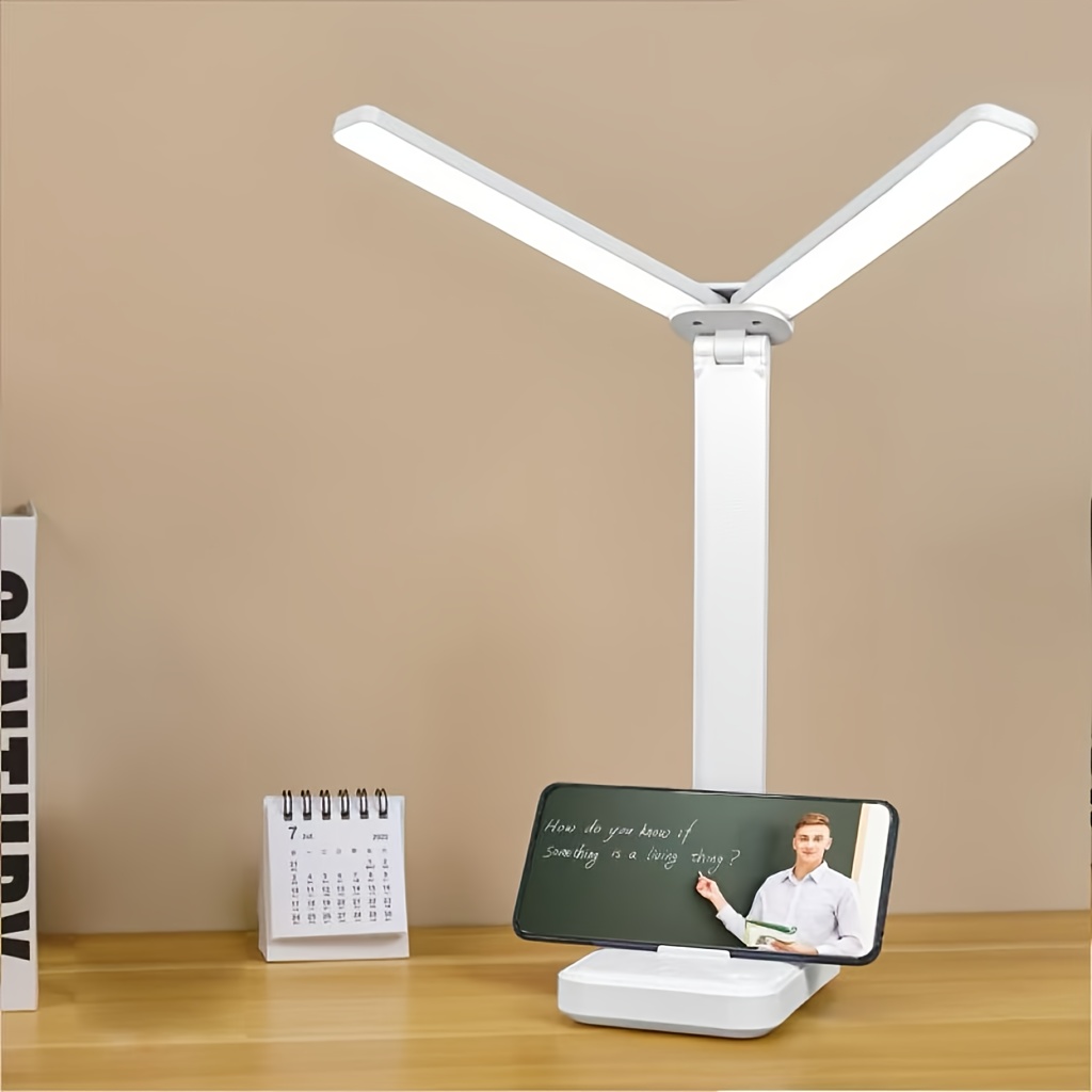 TEMU Double Headed Led Desk Lamp With Touch Control, Rechargeable Usb-powered Adjustable Brightness, Foldable Arm & Diverse Lighting - White Plastic