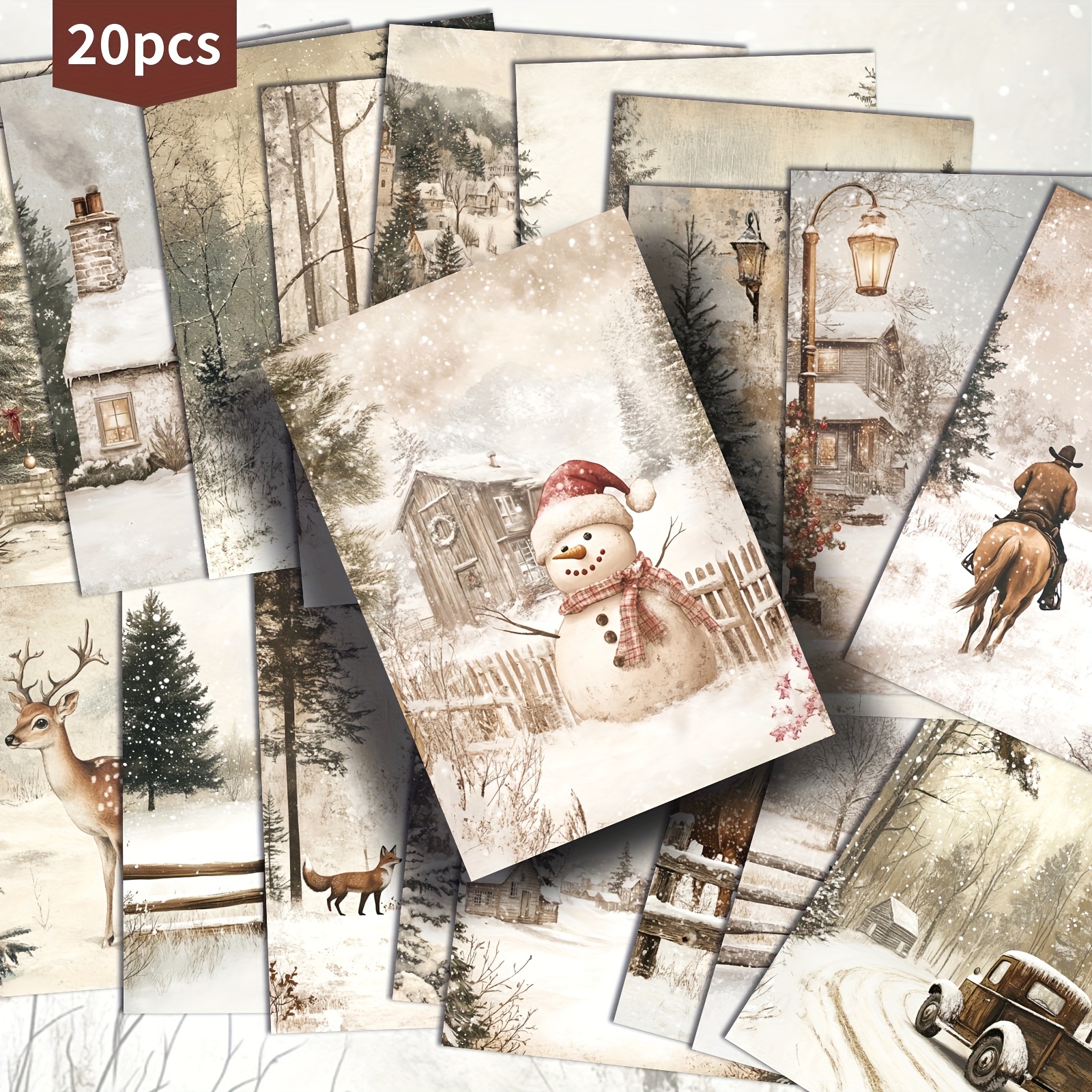 TEMU 20 Pack Vintage Christmas Postcards - Scenes With Snowman, Deer, Horse-drawn Carriage - 4x6 Inch Retro Cards For Holiday Decorations, Junk