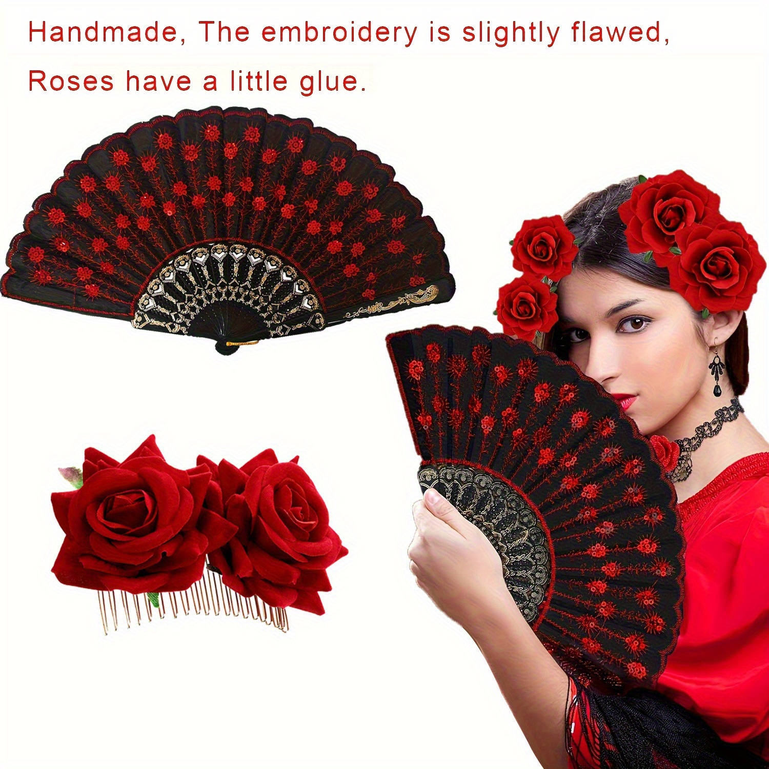 2pcs Women Rose Flower Hair Clip And Folding Fan, Women Rose Flower Hair Clip, Embroidered Sequins Fabric Handheld Folding Fan For Flamenco Dancer Costume Accessories Halloween, Cosplay Party