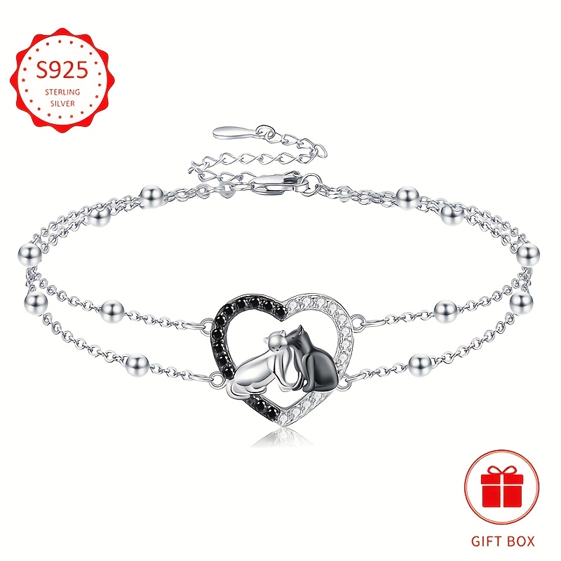 925 Silver Cat Bracelet Heart Double Layered Chain Cat Charms Gift