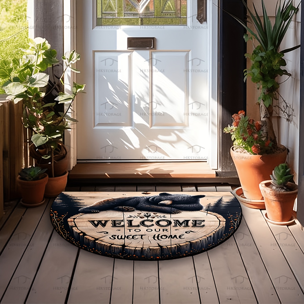 TEMU 2d Flat Printing Outdoor Doormat 1pc 'welcome To ' Logo Black Bear Pattern Semi-circular Welcome Mat, Non-slip Fiber Entrance Mat, Suitable For