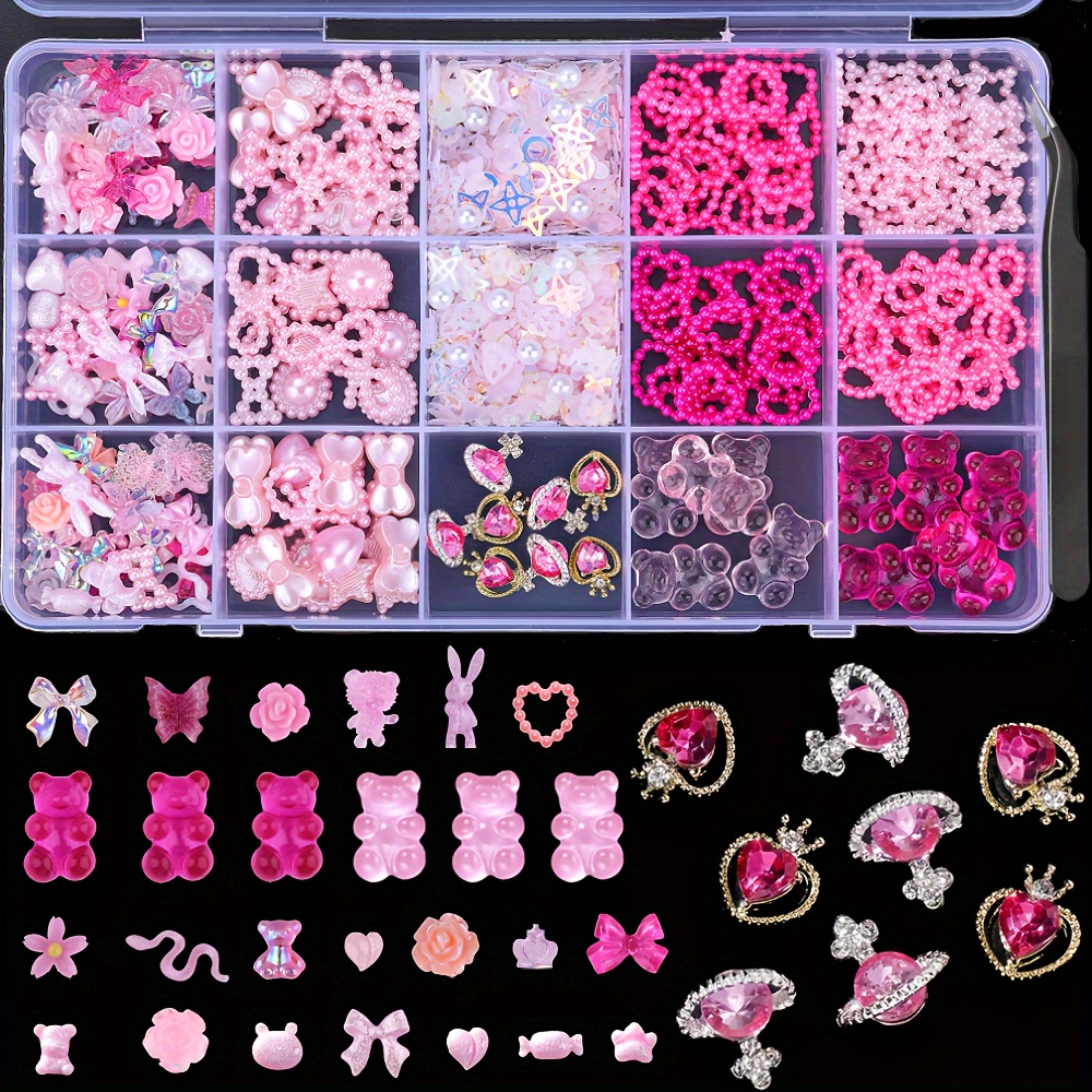 

Pink Pearls & Charms Nail Art Set, 3d Heart & Butterfly Bows, Bear & Star Jewel Nail Art Decoration, Planet Nail Gems, Assorted Diy Manicure Craft Beads Accessories